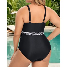 Daci Traje de baño de una pieza para mujer, talla grande, cintura alta, control de abdomen, traje de baño con espalda abierta, Negro (black Leaf), 14 Plus