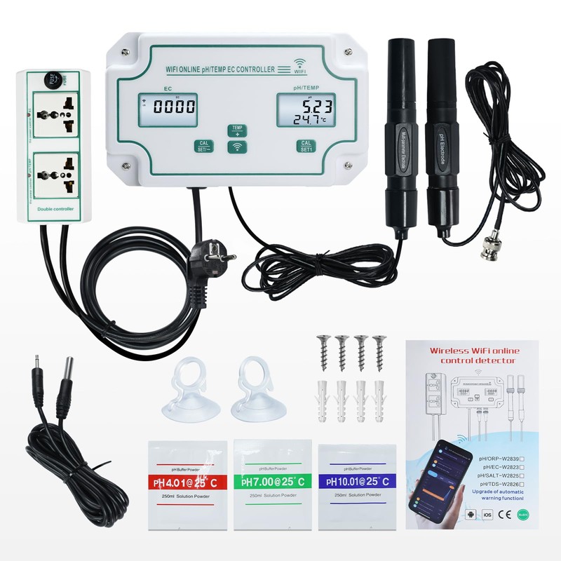 WiFi pH/EC/Temperature Monitor for Hydroponics, Dual Plugs System pH EC