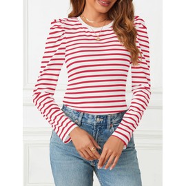 JONZAE Women's Puff Long Sleeve Striped Tops Crew Neck 2024 Fall Casual Basic Tee Shirts Red