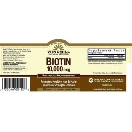 Biotina 10,000mcg Windmill Biotin 100 Tabletas Biotina