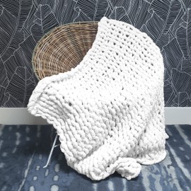 Adyrescia Chunky Knit Blanket Throw | 100% Hand Knit with Jumbo Chenille Yarn (40"x50", Bright White)