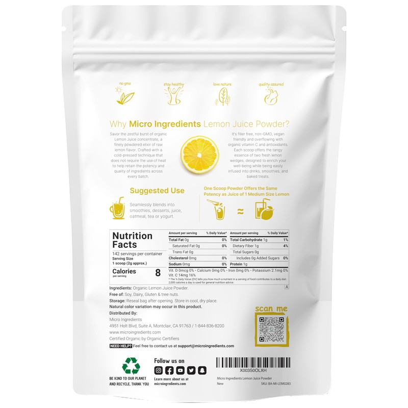 Micro Ingredients Organic Lemon Juice powder, 10 Ounce | 100%