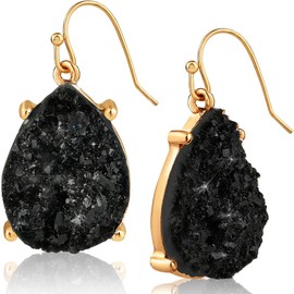 Black and Gold Earrings for Women - Plated Gold and Black Earrings for Women Dangle, Sparkly Teardrop Dangles, Elegant Simple Long Drop with Simulated Druzy Stones