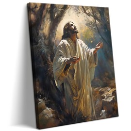 Jesus Praying Wall Art Christian Wall Decor – Jesus Prays in Gethsemane Picture Canvas Prints, Framed Christian Wall Art Religious Wall Decor for Living Room, Bedroom, Prayer Room – 16x24in
