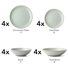 ARORA RINGAR Round Stoneware 16pc Double Bowl Dinnerware Set for 4, Dinner Plates, Side Plates, Cereal Bowls, Pasta Bowls - Speckle Matte White (405878)