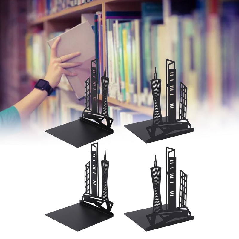 4pcs Bookends Black Architectural Style Decorative Non Slip Metal Desktop