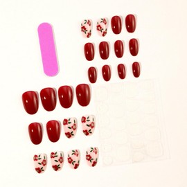Spring Press on Nails Oval Fake Nails Flower Stick on Nails Glossy Full Cover with Acrylic Nails designs Red False Nails Gel Glue on Nails Almond Press ones for Women Summer 24pcs