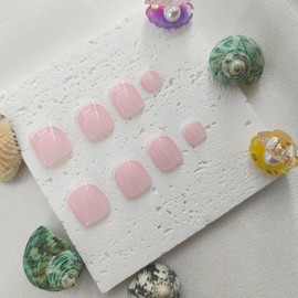 Press on Toenails Short Square Fake Toe Nails White French Tip Toe Nail Press ons Glossy Acrylic Toenails Pink Glue on Toe Nails Daily Wear Natural Stick on Toenails for Women 24Pcs