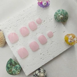 Press on Toenails Short Square Fake Toe Nails White French Tip Toe Nail Press ons Glossy Acrylic Toenails Pink Glue on Toe Nails Daily Wear Natural Stick on Toenails for Women 24Pcs