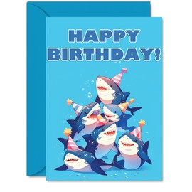 Shark Birthday Cards for Her Him - Party Animals Pyramid - Happy Birthday Card for Mum Dad Brother Sister Auntie Uncle Cousin Friend Family Colleague A5 Bday Greeting Cards
