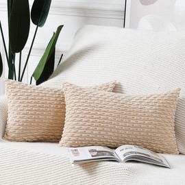 Madizz Pack of 2 Boho Corduroy Cushion Covers 12x20 inch, 30x50 cm, Beige Soft Decorative Throw Pillow Covers for Bedroom Sofa Pillow Shell