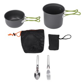 Camp Cooking Set Aluminum Alloy Pot, Spoon, Fork Kit with Green Handle, Camping Cookware Mess Kit with Carry Bag for 1 to 2 People