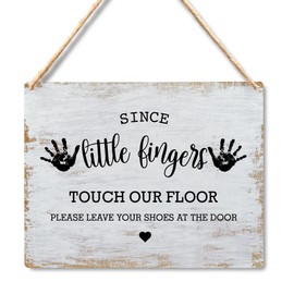 Wall Pediments Shoes Off Sign,Shoes Off Sign for Front Door,Since Little Fingers Touch Our Floor Door Sign,Shoes Off Hanging Welcome Sign for Front Door,6x12 Inches，Wood Grain-2