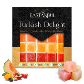 Eastanbul Traditional Turkish Delights Candy w/ 5 Fruit Flavors: Strawberry, Peach, Melon, Orange, and Blackberry, Turkish Delight Assorted Foreign Candy of Turkish Lokum, Nut Free Turkish Delight Plain –Loukoumi, International Candy Box of Loqums, 0.5lb