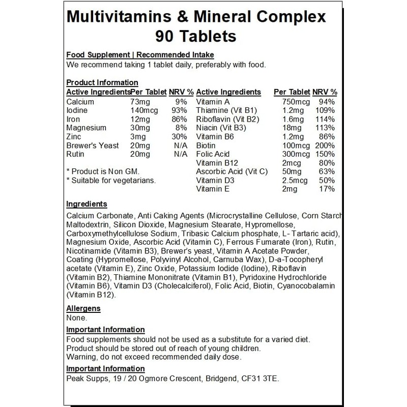 Multivitamin & Mineral Complex 90 Tablets - Includes Vitamin A