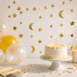 ZEYIYER 52Ft/12m Gold Star Garland, Moon Stars Bunting Decoration