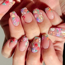 Flower Press on Nails Medium Square Fake Nails French Tip with Floral Design Daisy False Nails Nude Stick on Nail Spring Summer Acrylic Glue on Nail Glossy Reusable for Women Manicure Decor