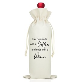 LAGZDFC Her Day Starts With A Coffee Wine Gifts Bag, Reusable Wine Wrap Bag, Funny Gag Gift for Wine Lovers Coffee Lover. Birthday Gift for Mom Auntie Girlfriends Sisters Women Coworker Girl Boss