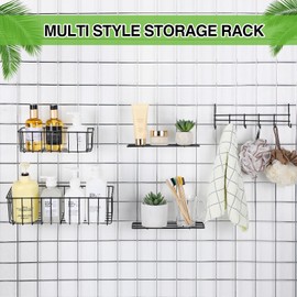 Yaocom 12 Pcs Wall Grid Panel Hanging Basket with Hooks Set, Includes 4 Grid Wall Basket 4 Wire Straight Shelf and 4 Grid Hooks Rack Wire Grid Wall Accessories for Storage Display Organizer (Black)