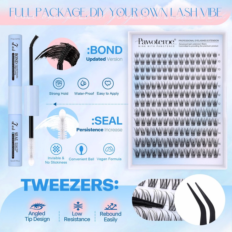 Pawotence Lash Clusters Kit Wispy Lash Extension Kit Natural 180pcs