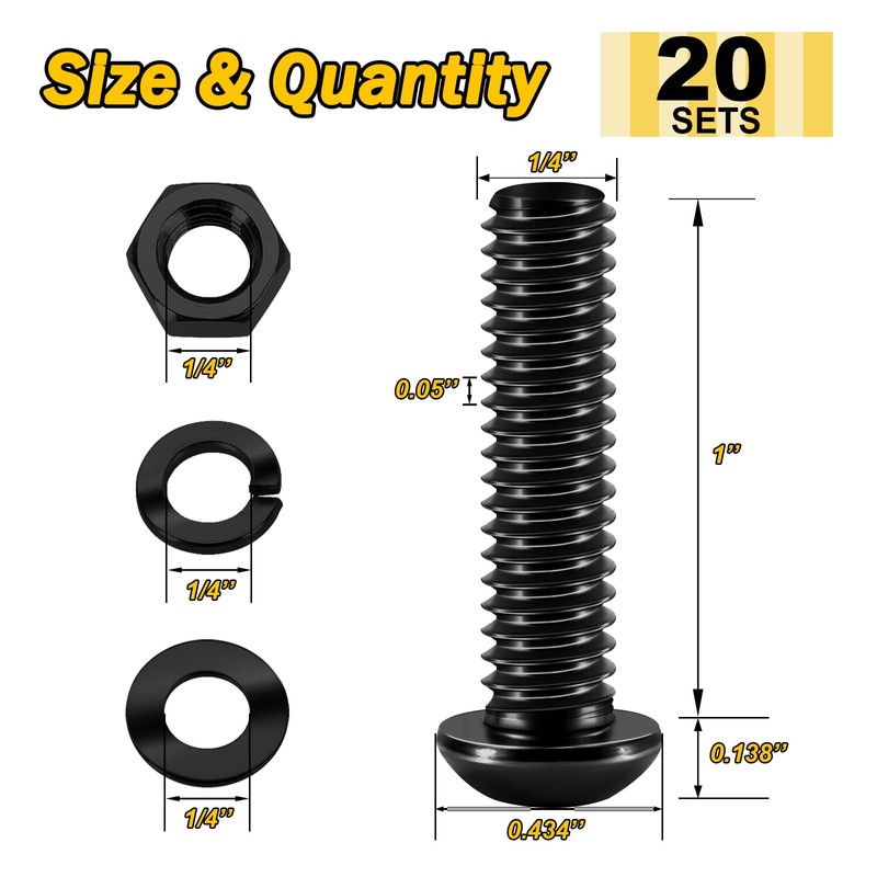 (20Sets) 1/4-20 Bolt x 1" Button Head Socket Cap Bolts