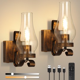 EIDEARAY Battery Operated Wall Sconces, Rustic Wall Lights Sets of 2, Non-Hardwired Antique Kerosene Wall Lamps, Vintage Bedside Gold Wall Sconces with Remote for Living Room, Bedroom, Hallway etc