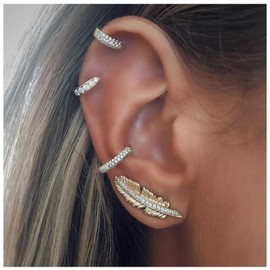 Allereya Boho Crystal Circle Huggie Hoop Earrings Gold Cz Leaf Ear Climber Earrings Vintage Leaf Crawler Earrings Rhinestone Hoop Earcuffs Multiple Piercing Earrings Set Jewelry for Women and Girls（B）