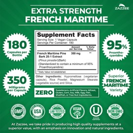 Zazzee Extra Strength French Maritime Pine Bark Extract 20:1, 350 mg Per Capsule, 95% Proanthocyanidins, 180 Vegan Capsules, 6 Month Supply, Certified Kosher, Antioxidant Support, Non-GMO, Made in USA