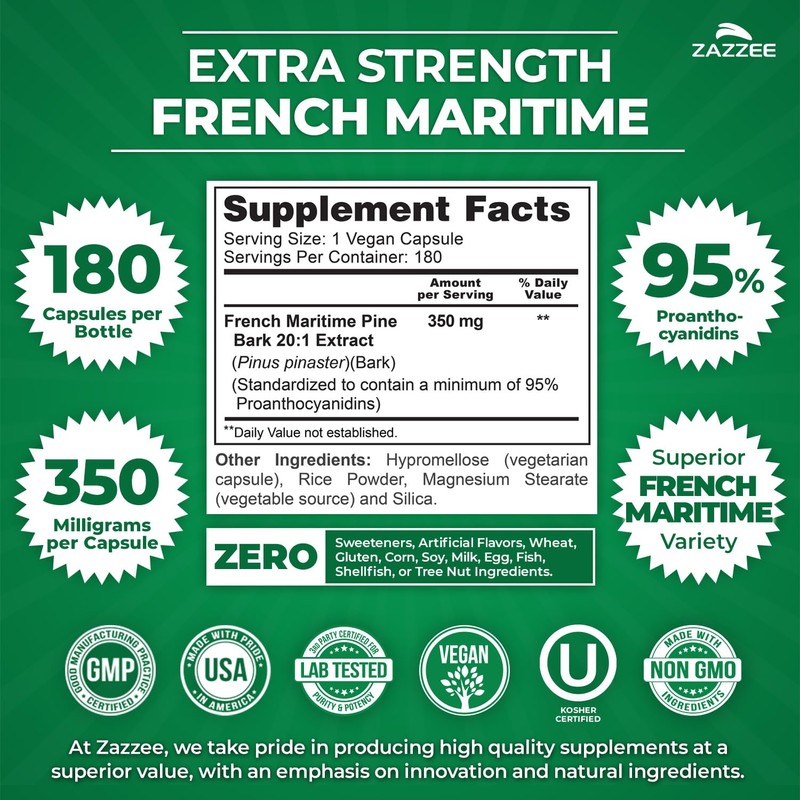 Zazzee Extra Strength French Maritime Pine Bark Extract 20:1, 350