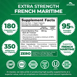 Zazzee Extra Strength French Maritime Pine Bark Extract 20:1, 350 mg Per Capsule, 95% Proanthocyanidins, 180 Vegan Capsules, 6 Month Supply, Certified Kosher, Antioxidant Support, Non-GMO, Made in USA
