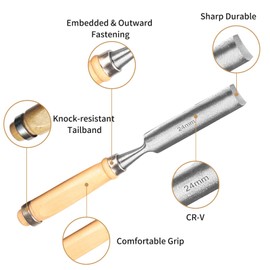 Set of 4 Wooden Chisel Set, Round Curved Hollow Chisel Set, CR-V Steel Semicircular Edge 8 mm/12 mm/18 mm/24 mm for DIY Crafts, Woodwork