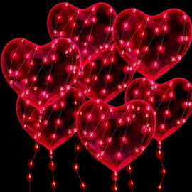 20 Pieces Valentines LED Light up Balloons Clear 18Inch Red Heart Shaped Bobo with 10ft LED Lights Reusable Fillable Glow Balloons for Wedding Engagement Party Valentines Day Decoration