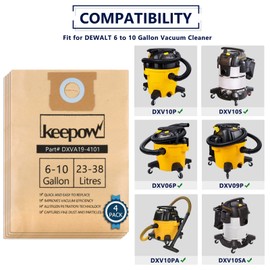 KEEPOW Shop Vac Bags Compatible with Dewalt 6 to 10 Gallon Vacuum DXV06P, DXV09P, DXV10P, DXV10S, 4 Pack, Part# DXVA19-4101