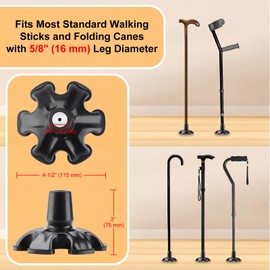 YF 16mm Non-Slip Rubber Ferrules, Heavy-Duty Self-Standing Cane Tips with 6 Support Points, Replacement Ends for Walking Sticks, Canes, Crutches & Mobility Aids