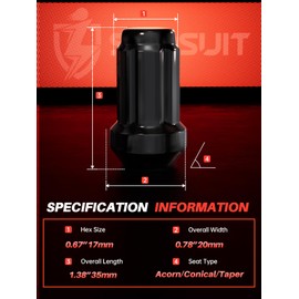 Sposuit M12x1.5 Spline Lug Nuts - Replacement for 2006-2023 Hyundai Elantra, 2018-2024 Kona, 2000-2022 Santa Fe, 2001-2023 Sonata, 2006-2024 Honda Civic - Closed End Black Lug Nut with Socket(20 Pcs)