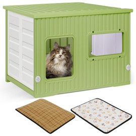 Plastic Cat House for Outdoor Indoor Use, Stackable Feral Cat Shelter Indoor Cat House Weatherproof Waterproof Elevated, with 2-Sided Cushion (Green White)