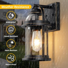 OKELI Dusk to Dawn Outdoor Wall Lights, Waterproof Lighting Fixtures Rustic Farmhouse Wall Lanterns with Clear Glass Shades Anti-Rust Outside Lights for House(Black with Gold-Trim, 2 Pack)