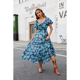 ABYOVRT Women Floral Maxi Dress Short Puff Sleeve V Neck Bohemian Flowy Dress Smocked Casual Spring Summer Dresses (Navy Blue,S)