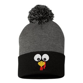 One Size Dark Heather Grey/Black Pom Turkey Face Thanksgiving Embroidered Knit Beanie Pom Cap