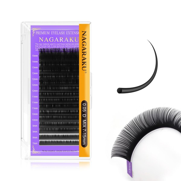 NAGARAKU Individual Eyelashes, Individual Eyelash Extensions, Permanent Volume Eyelash Extensions, Gentle, Natural, Matte Black, 16 Rows (Thickness 0.05 D Curl, 7-15 mm Mix)