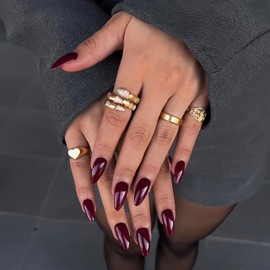 Dark Red Press on Nails Almond Shaped Nails Press ons, Medium Fake Nails Almond Acrylic Nails Glue on Nail Medium Length False Nail for Women Thick Natural Gel Stiletto 24Pcs