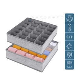 Joyoldelf Sock Organiser - Set of 2 Foldable Drawer Organiser - Wardrobe Storage Organiser with 24 Cells - Drawer Dividers Storage Boxes for Socks, Baby Clothes, Ties and Scarves - Grey