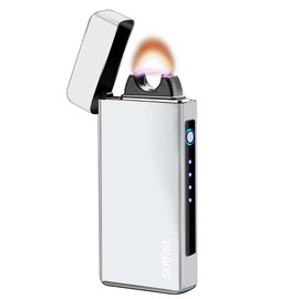 SKRFIRE Electric Candle Rechargeable USB Lighter Plasma Arc Big Flame Lighters with LED Battery Indication for Ignition, Candle, Incense, BBQ (Silver)