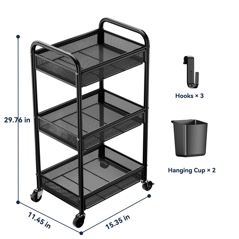 YASONIC 3 Tier Rolling Cart – Metal Utility Storage Cart