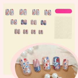 24 Pcs Flower Press on Nails Short Square 4th of July Fake Nails Blue False Nails Press Ons with USA Flag Full Flowers Design Glossy Nail Tips Full Cover Acrylic Nail Kit for Women Manicure