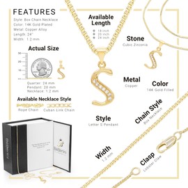 BEBERLINI Women Letter S CZ Charm 14K Gold Filled Box Chain Initial Pendant Necklace Jewelry 24"