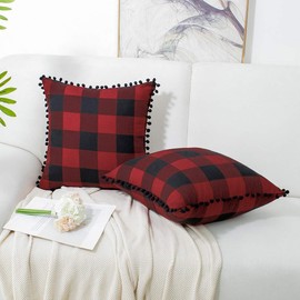 PiccoCasa Pack of 2 Decorative Cushion Covers, Check Throw Pillow Covers with Pom-poms - Classic Retro Cushion Covers for Sofa Bedroom, 45x45cm/18x18 in Throw Pillow Cases Red and Black