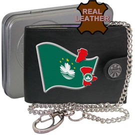 Klassek Macau Flag Macanese Map and Coat of Arms COA Mens Wallet with Chain Real Leather RFID Blocking with Coin Pocket and Metal Gift Box