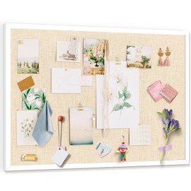 Cork Board with Linen 36x24 inch Bulletin Board Office Decor Hanging Pin Wood Framed Display Picture Vision Board Light for Wall School Office Bedroom (White, 36“×24“)