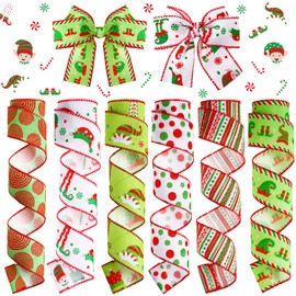 6 Rolls 30 Yards Christmas Wired Edge Ribbon Elf Ribbon Dot Loopy Stripes Elf Legs Elf Hat Ribbons for Christmas Party Gift Wrapping Wreaths DIY Home Decor 2 Inches (Elf)